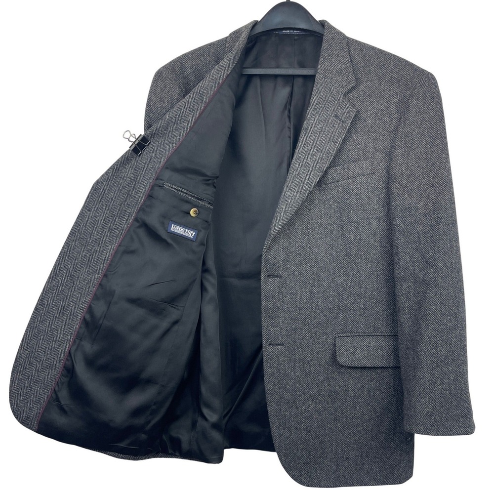 VTG Lands' End Lambswool Blazer Tweed Herringbone‎ 43R Sport Coat Grey *READ